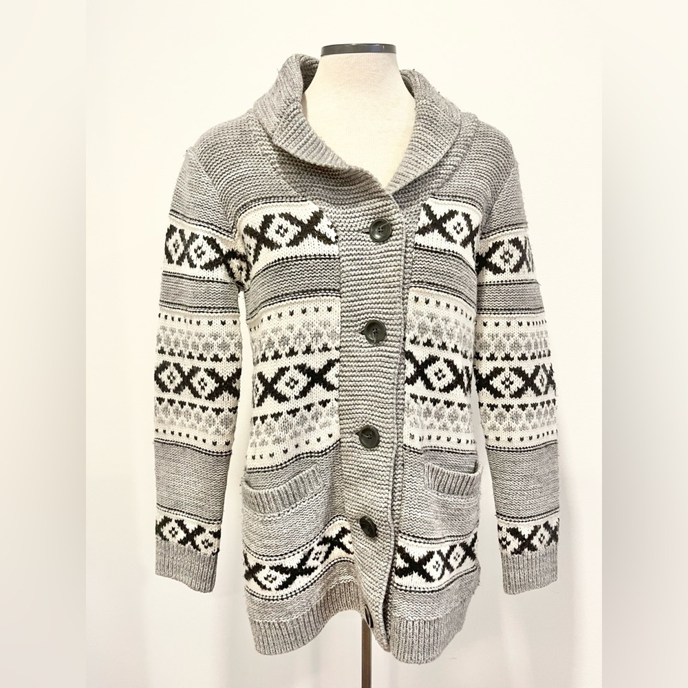 Vintage-Inspired Fair Isle Shawl Cardigan Cozy Rustic Winter Sweater Oversized - Picture 2 of 8
